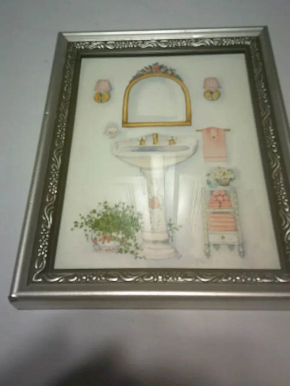 VINTAGE PEGGY ABRAMS SILVER FRAMED HANGING BATHROOM PICTURE PEDESTAL SINK RARE